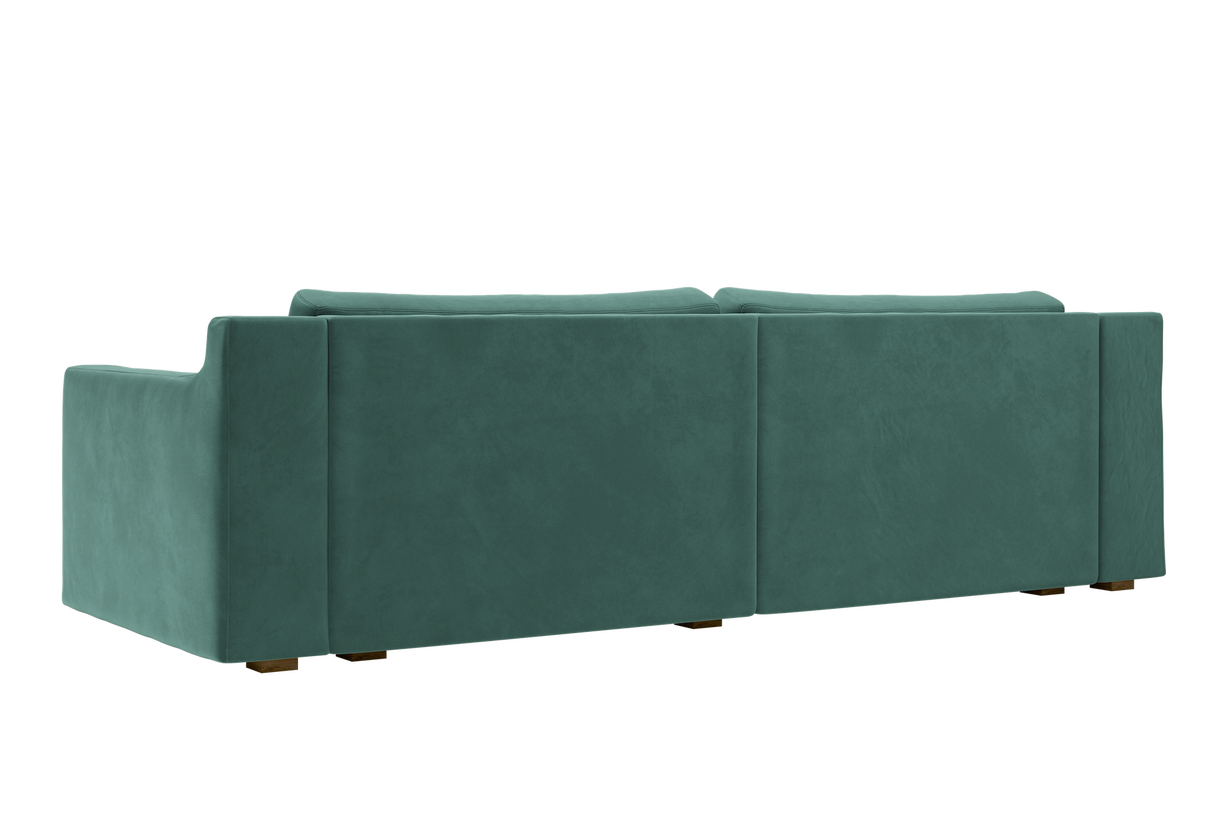 Introducing The Elevate Sofa: a contemporary piece featuring a modern rectangular design, teal upholstery, and two cushion backs. The sofa showcases clean, straight lines complemented by wooden legs, offering stylish sophistication from every angle.