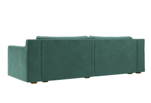 Introducing The Elevate Sofa: a contemporary piece featuring a modern rectangular design, teal upholstery, and two cushion backs. The sofa showcases clean, straight lines complemented by wooden legs, offering stylish sophistication from every angle.