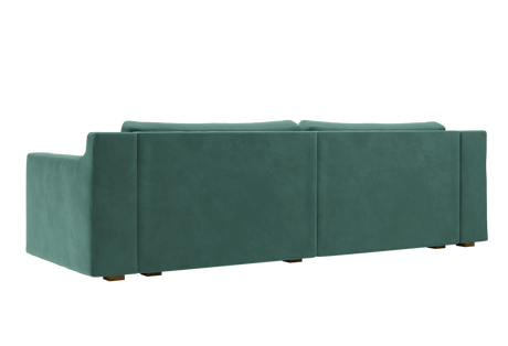 Introducing The Elevate Sofa: a contemporary piece featuring a modern rectangular design, teal upholstery, and two cushion backs. The sofa showcases clean, straight lines complemented by wooden legs, offering stylish sophistication from every angle.