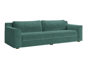 The Elevate Sofa is a sleek, modern piece with plush cushions and low armrests, presented against a plain white background. Its minimalist design boasts a smooth fabric finish and sturdy block legs.
