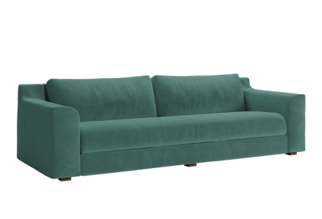 Introducing The Elevate Sofa: a modern teal velvet piece featuring plush cushions and wide armrests. Its sleek design and minimalist style are beautifully showcased against a transparent background.