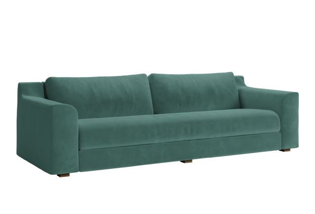 The Elevate Sofa is a sleek, modern piece with plush cushions and low armrests, presented against a plain white background. Its minimalist design boasts a smooth fabric finish and sturdy block legs.