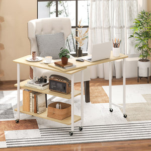 360 ° Rotating Sofa Side Table with 2-Tier Storage Shelves-Natural