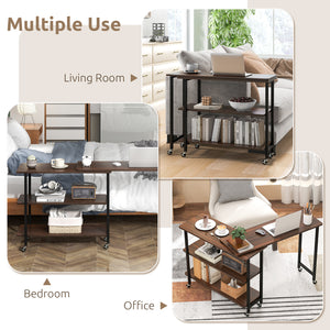 Patented 360 ° Rotating Sofa Side Table with 2-Tier Storage Shelves-Walnut