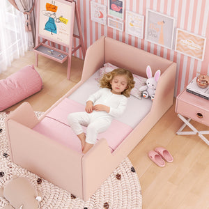 Soft Velvet Fabric Toddler Bed Frame with Safety Rails-Pink