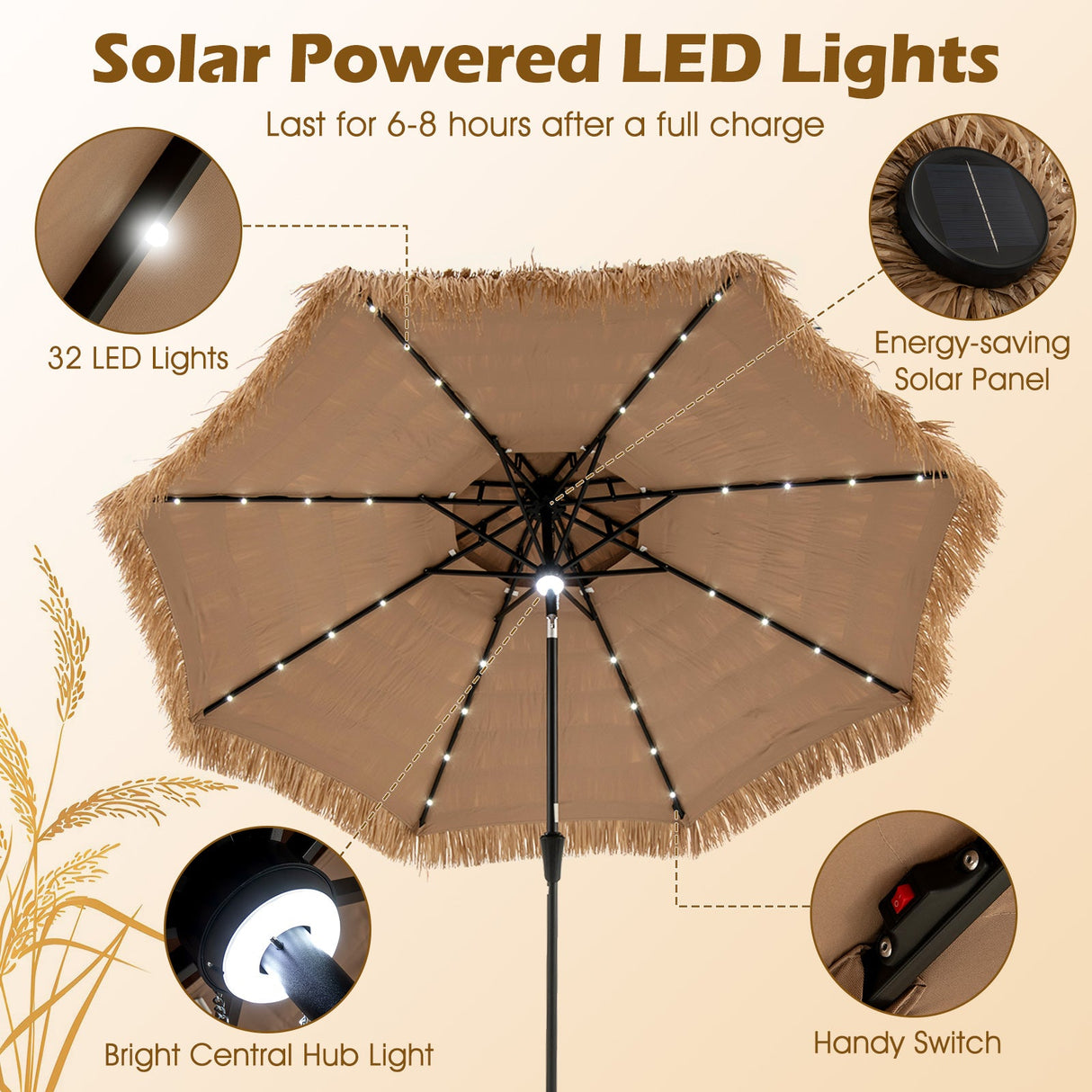 10 Feet Hawaiian Style Solar Lighted Thatched Tiki Patio Umbrella by DirectDeals