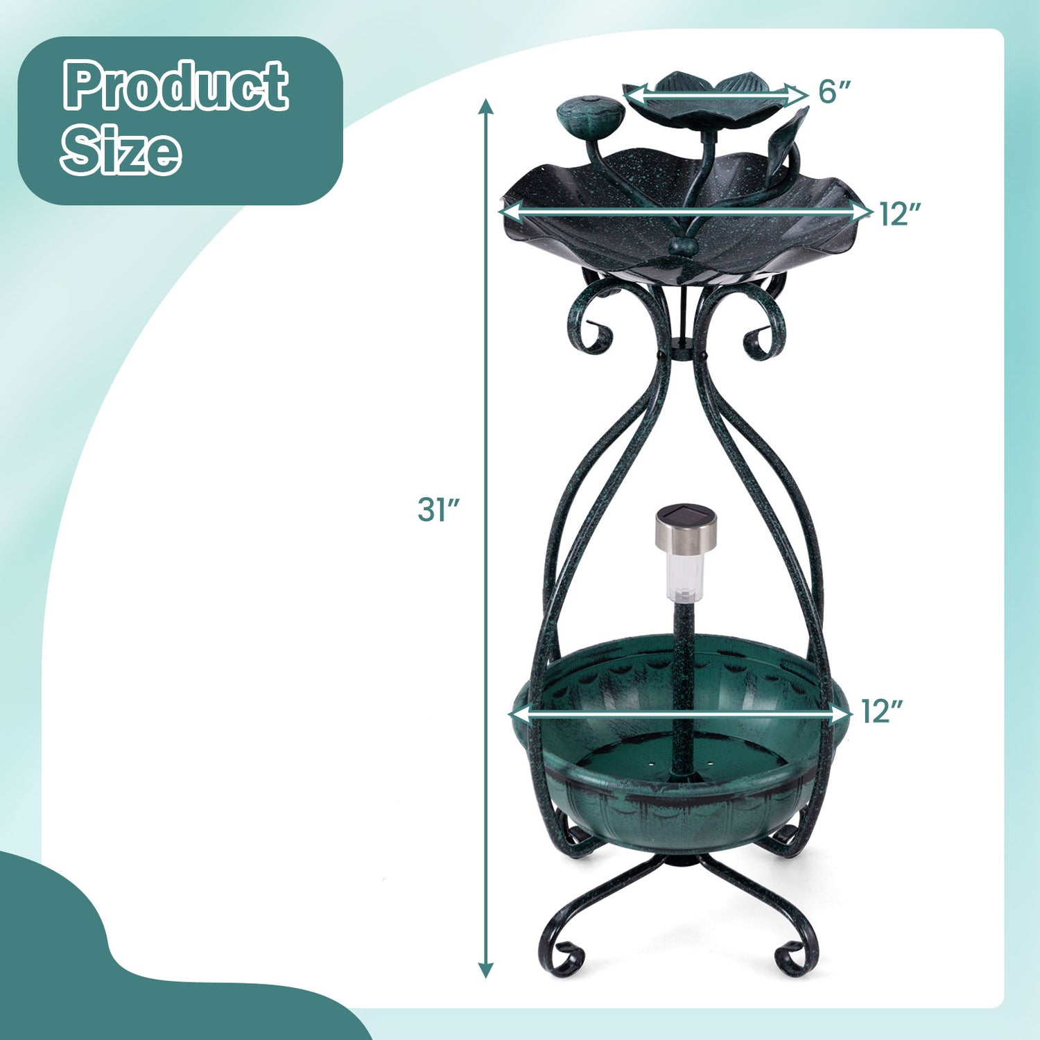 Solar Outdoor Bird Bath Feeder Combo with Flower Planter Pedestal and Solar Lights-Bronze