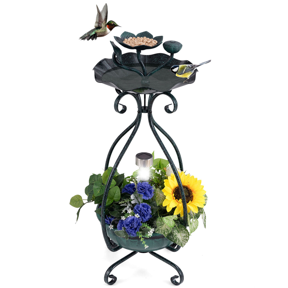 Solar Outdoor Bird Bath Feeder Combo with Flower Planter Pedestal and Solar Lights-Bronze
