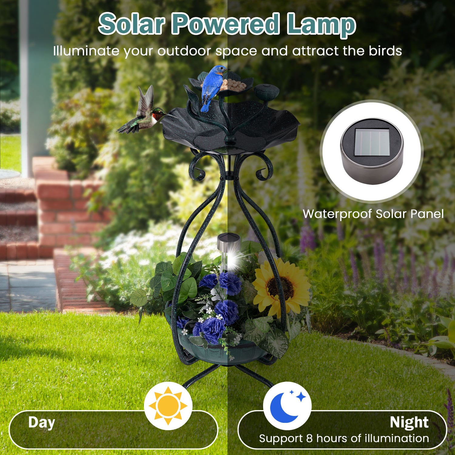 Solar Outdoor Bird Bath Feeder Combo with Flower Planter Pedestal and Solar Lights-Bronze