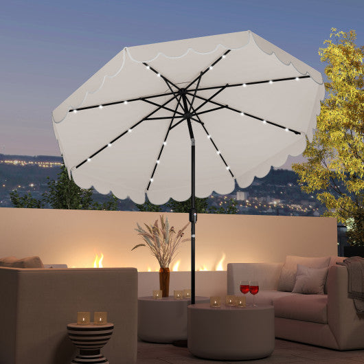 9.3 Feet Solar Patio Umbrella with 24 LED Lights Vented Top and Ruffles-Beige