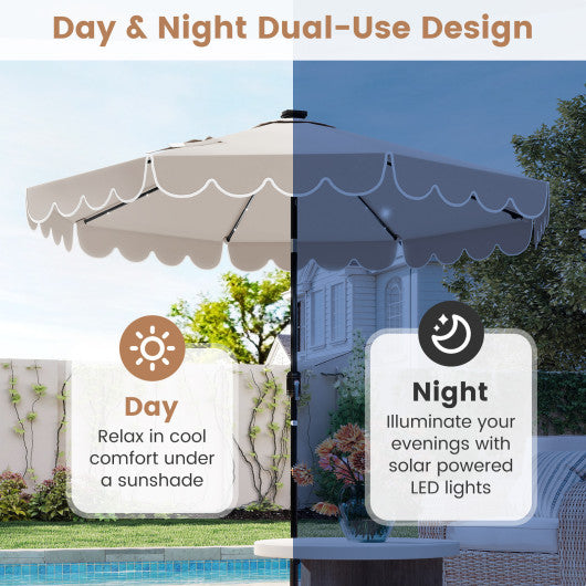 9.3 Feet Solar Patio Umbrella with 24 LED Lights Vented Top and Ruffles-Beige