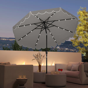 9.3 FT Solar Patio Umbrella with 24 LED Lights Vented Top and Ruffles-Gray