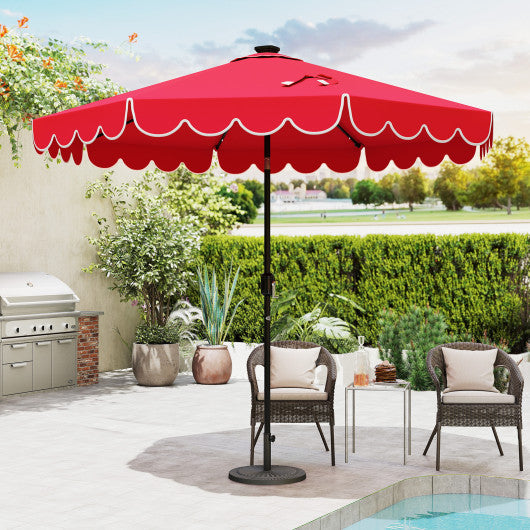 9.3 Feet Solar Patio Umbrella with 24 LED Lights Vented Top and Ruffles-Red