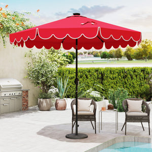 9.3 Feet Solar Patio Umbrella with 24 LED Lights Vented Top and Ruffles-Red