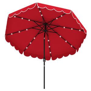 9.3 Feet Solar Patio Umbrella with 24 LED Lights Vented Top and Ruffles-Red