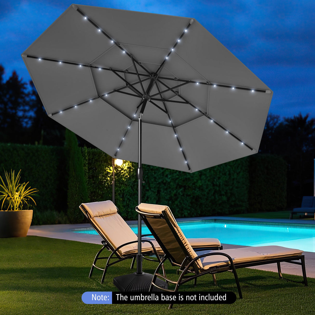 10 Feet Solar Patio Umbrella with 32 LED Lights 3-Tier Vented Top-Gray by DirectDeals