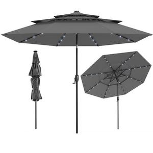 10 Feet Solar Patio Umbrella with 32 LED Lights 3-Tier Vented Top-Gray by DirectDeals