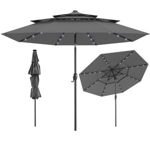 10 Feet Solar Patio Umbrella with 32 LED Lights 3-Tier Vented Top-Gray