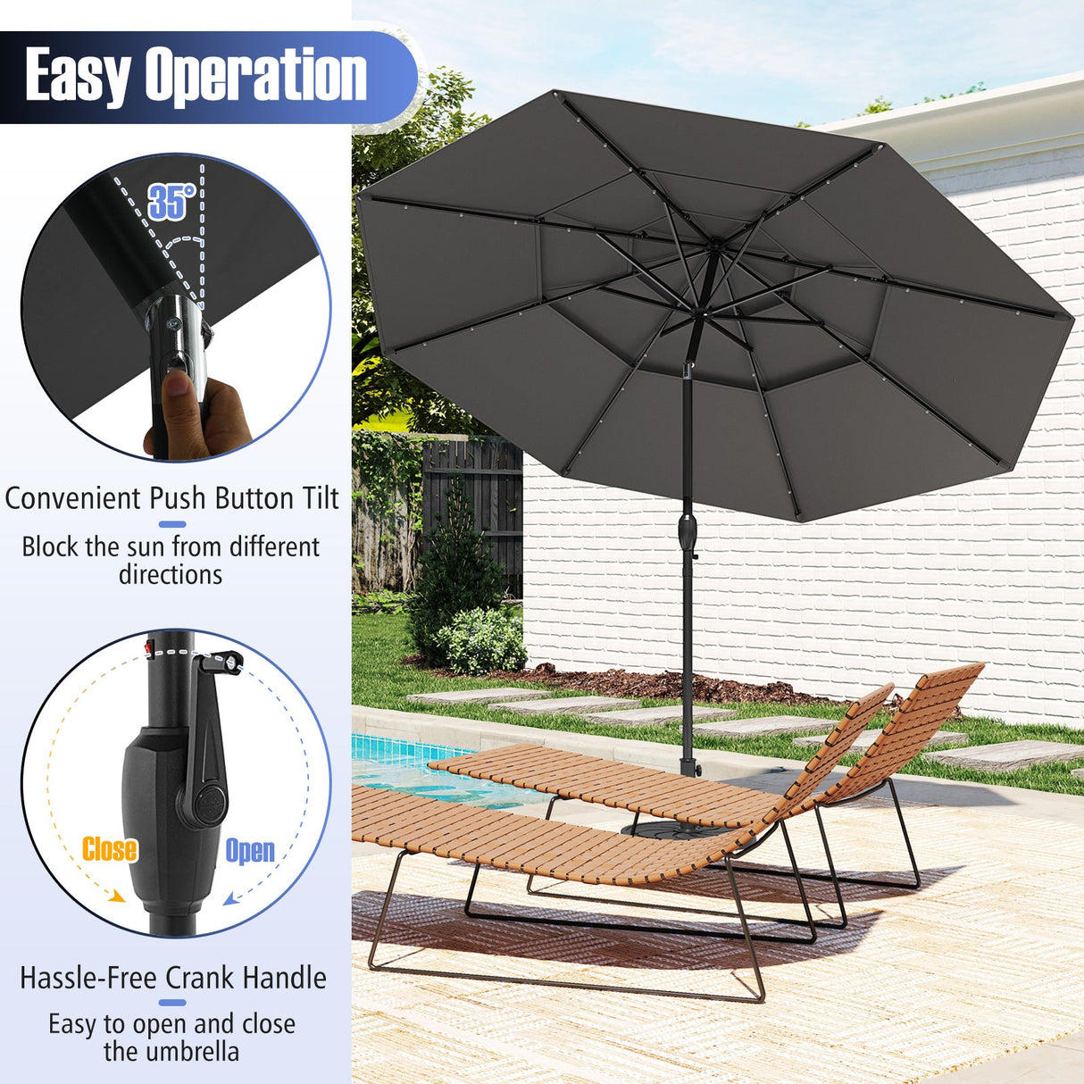 10 Feet Solar Patio Umbrella with 32 LED Lights 3-Tier Vented Top-Gray by DirectDeals