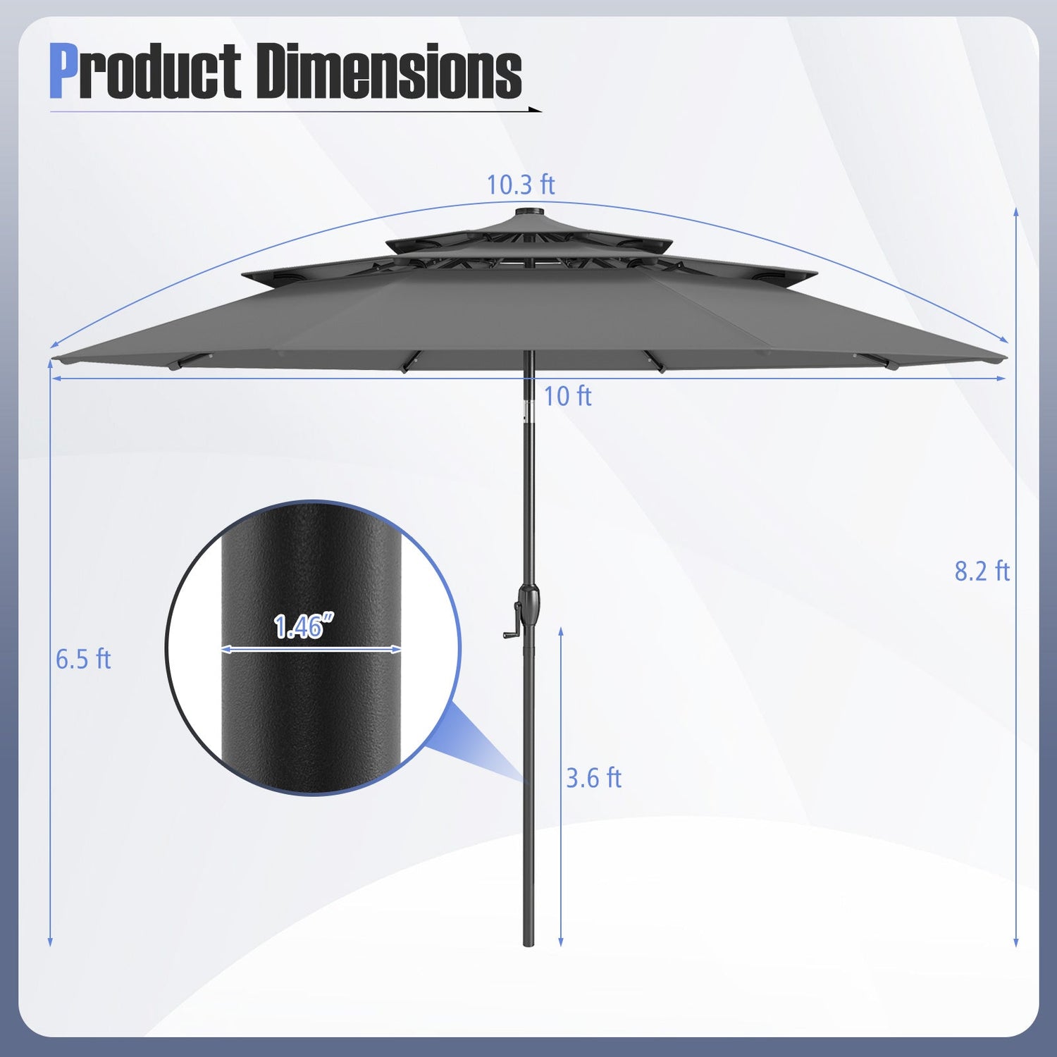 10 Feet Solar Patio Umbrella with 32 LED Lights 3-Tier Vented Top-Gray by DirectDeals