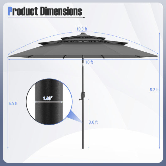 10 Feet Solar Patio Umbrella with 32 LED Lights 3-Tier Vented Top-Gray