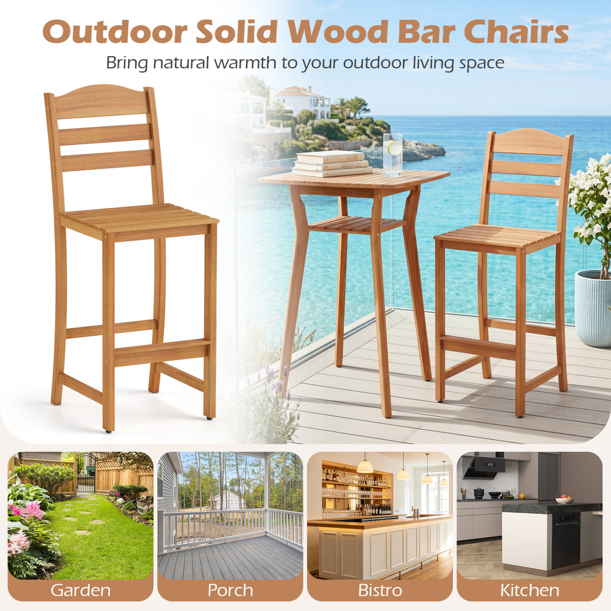 Solid Acacia Wood Bar Stools Heavy-duty Outdoor Barstools with 400 LBS Max Load