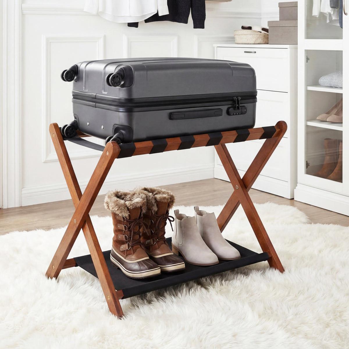 Solid Rubberwood Folding Luggage Rack with Nylon Shelves-Brown