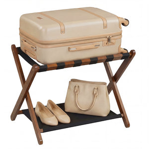 Solid Rubberwood Folding Luggage Rack with Nylon Shelves-Brown