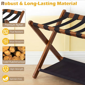 Solid Rubberwood Folding Luggage Rack with Nylon Shelves-Brown