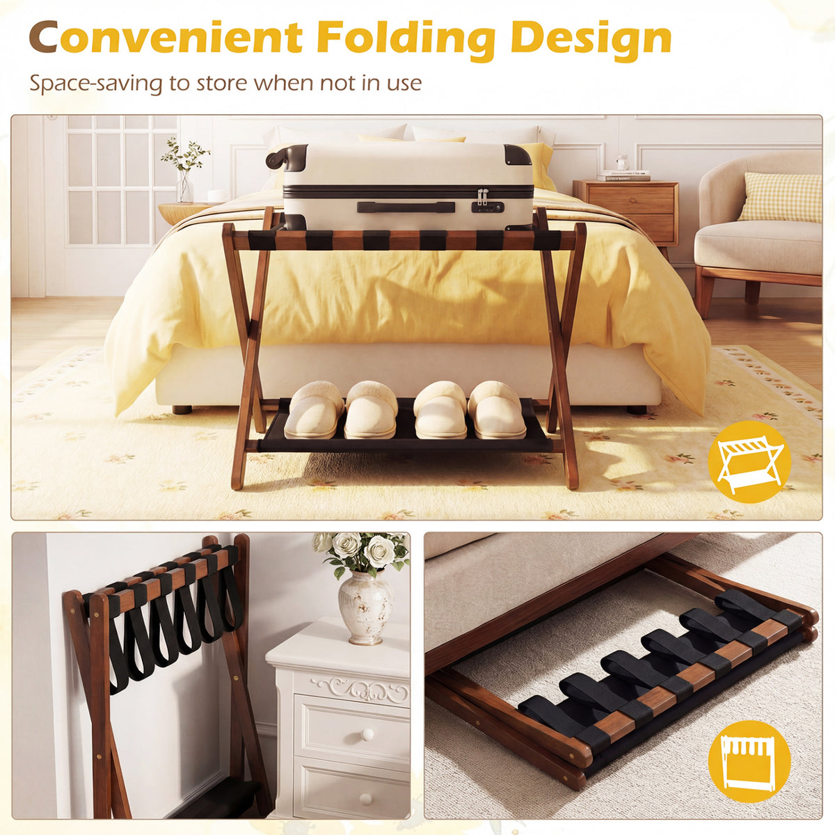 Solid Rubberwood Folding Luggage Rack with Nylon Shelves-Brown