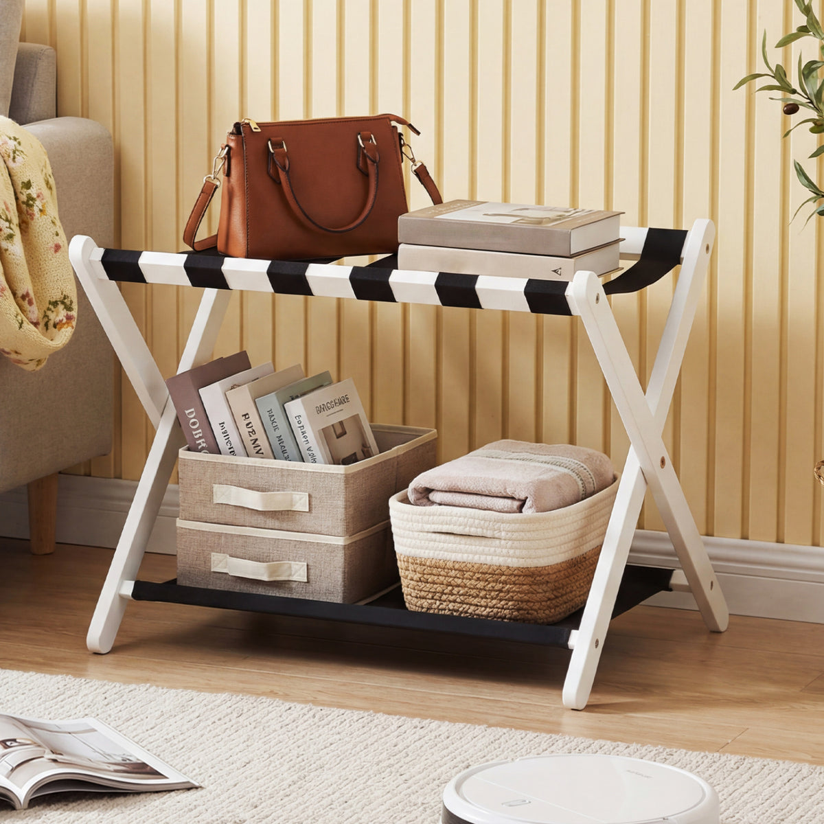 Solid Rubberwood Folding Luggage Rack with Nylon Shelves-White