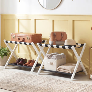 Solid Rubberwood Folding Luggage Rack with Nylon Shelves Set of 2-White