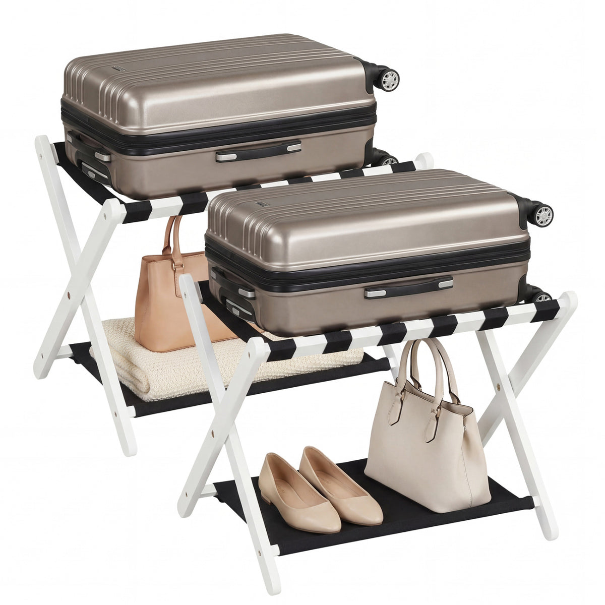 Solid Rubberwood Folding Luggage Rack with Nylon Shelves Set of 2-White