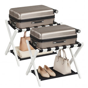Solid Rubberwood Folding Luggage Rack with Nylon Shelves Set of 2-White