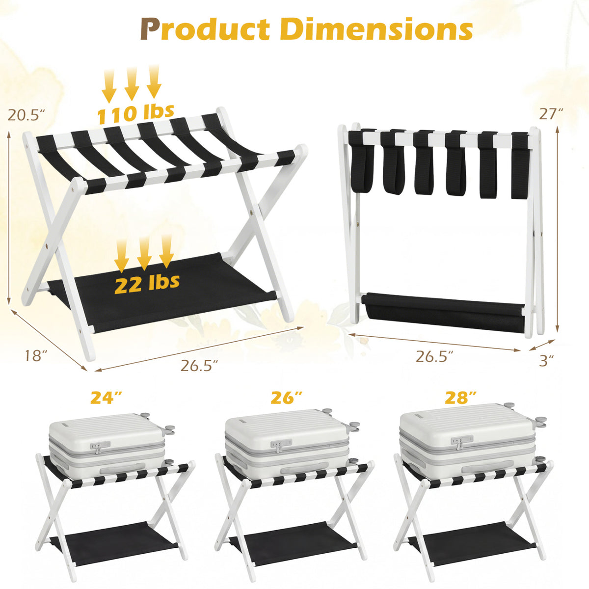 Solid Rubberwood Folding Luggage Rack with Nylon Shelves Set of 2-White