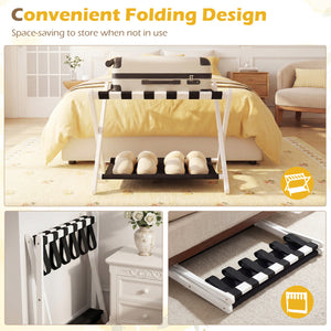 Solid Rubberwood Folding Luggage Rack with Nylon Shelves Set of 2-White