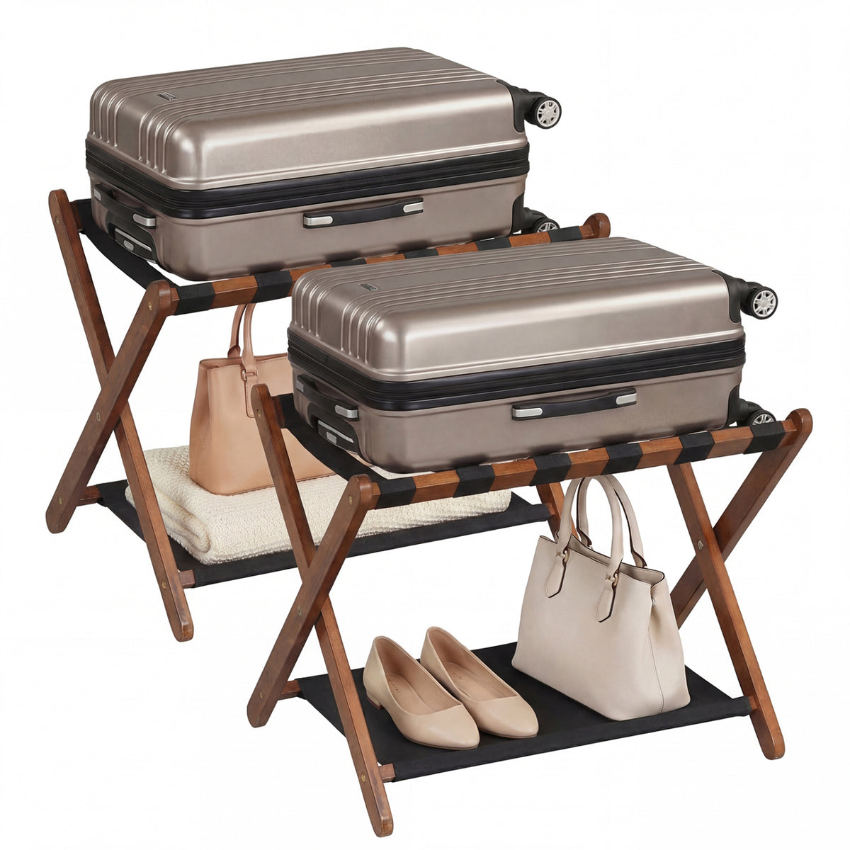 Solid Rubberwood Folding Luggage Rack with Nylon Shelves Set of 2-Brown