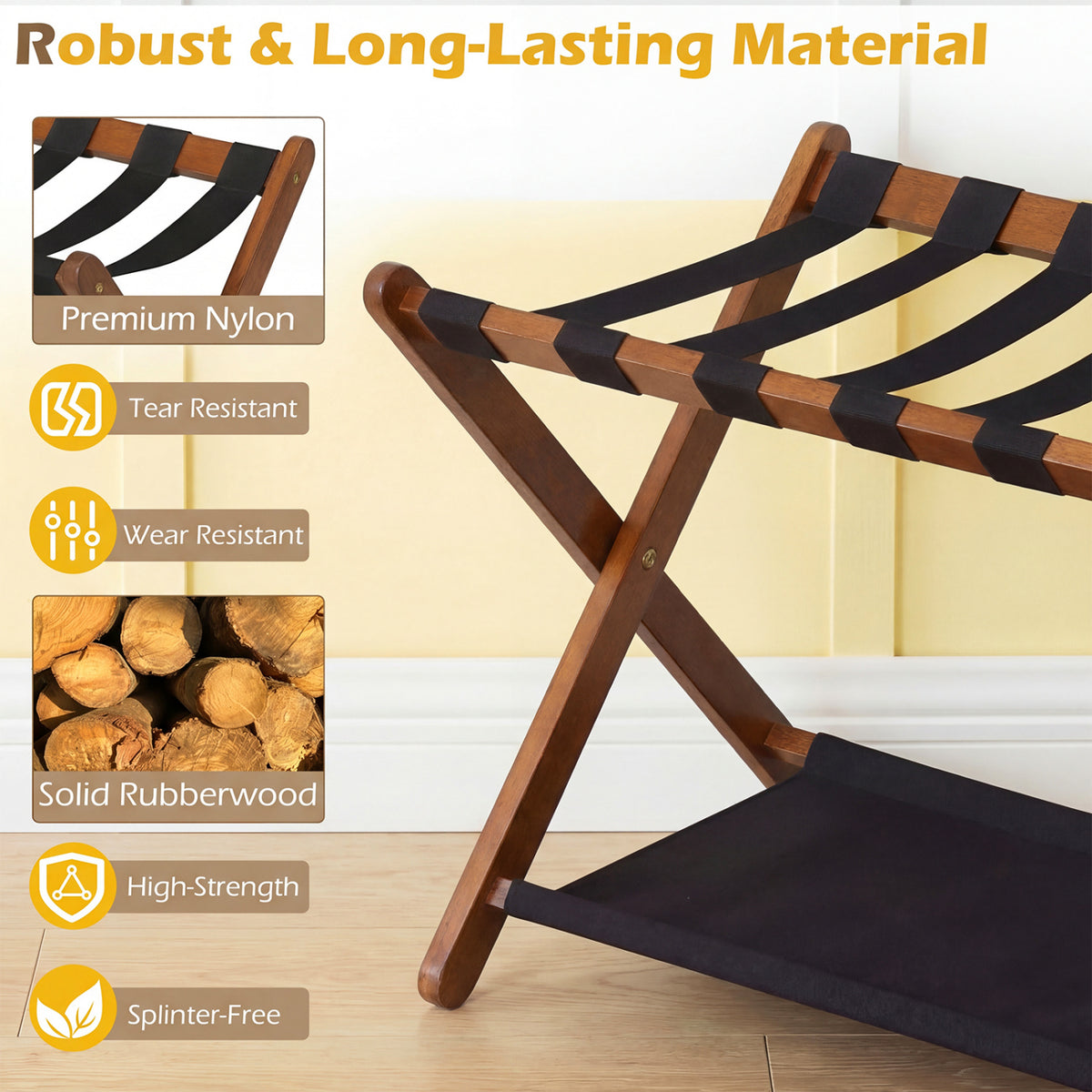Solid Rubberwood Folding Luggage Rack with Nylon Shelves Set of 2-Brown