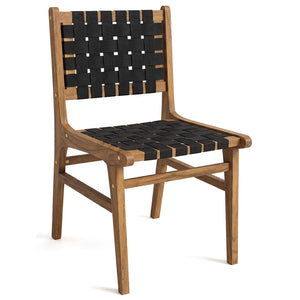 Solid Teak Hand-Woven Strap Outdoor Dining Chair with Flex Support for Deck Garden