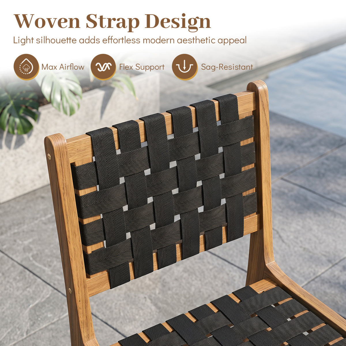 Solid Teak Hand-Woven Strap Outdoor Dining Chair with Flex Support for Deck Garden