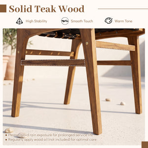 Solid Teak Hand-Woven Strap Outdoor Dining Chair with Flex Support for Deck Garden
