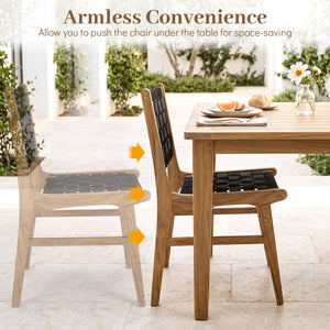 Solid Teak Hand-Woven Strap Outdoor Dining Chair with Flex Support for Deck Garden