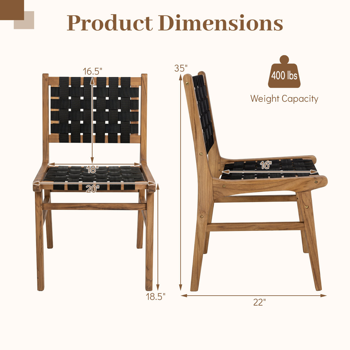 Solid Teak Hand-Woven Strap Outdoor Dining Chair with Flex Support for Deck Garden