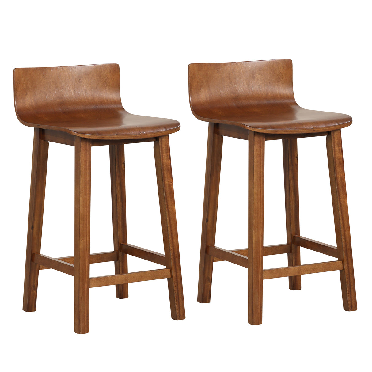 Wood Bar Stools Set of 2 with Solid Back and Seat-Brown