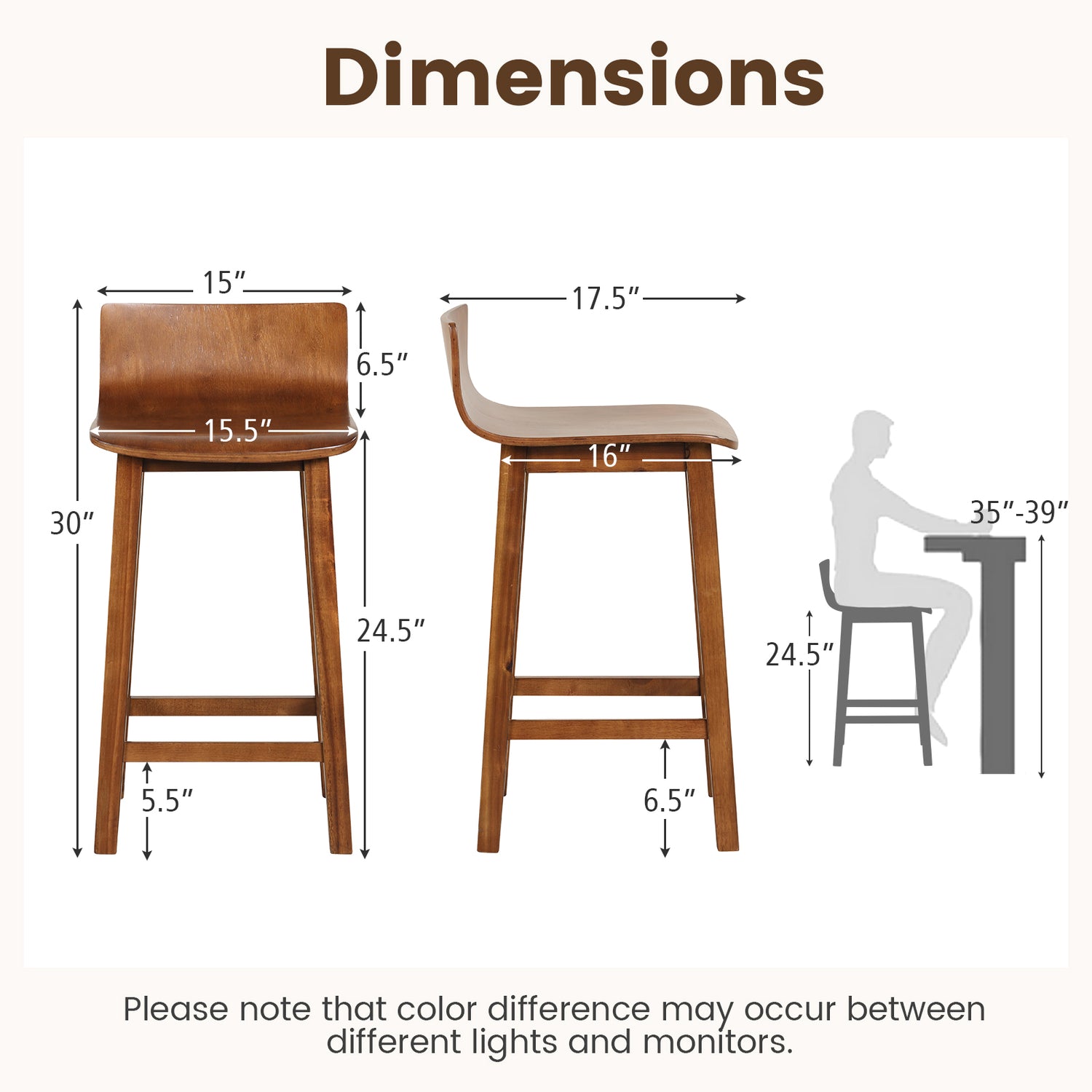 Wood Bar Stools Set of 2 with Solid Back and Seat-Brown