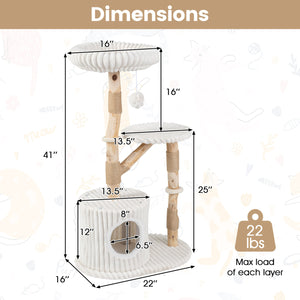Solid Wood Cat Tree 41 Inch with Real Branches & Scratching Posts and Cozy Bed-Beige