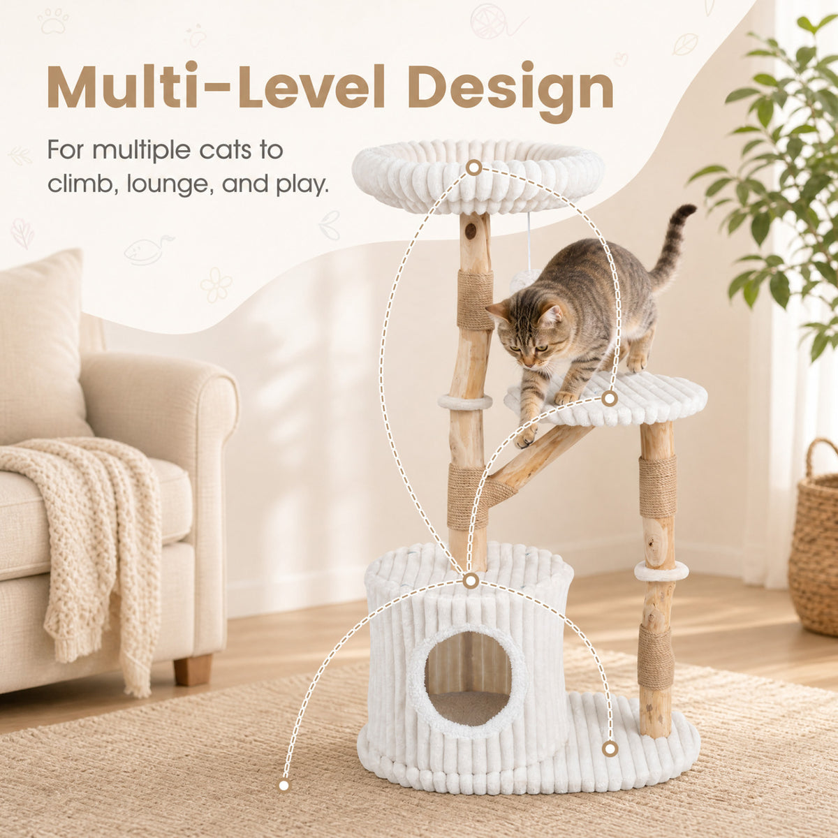 Solid Wood Cat Tree 41 Inch with Real Branches & Scratching Posts and Cozy Bed-Beige