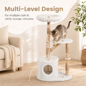 Solid Wood Cat Tree 41 Inch with Real Branches & Scratching Posts and Cozy Bed-Beige