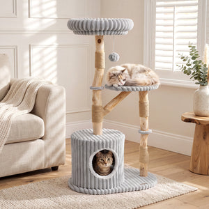 Solid Wood Cat Tree 41 Inch with Real Branches & Scratching Posts and Cozy Bed-Gray