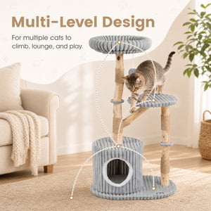 Solid Wood Cat Tree 41 Inch with Real Branches & Scratching Posts and Cozy Bed-Gray